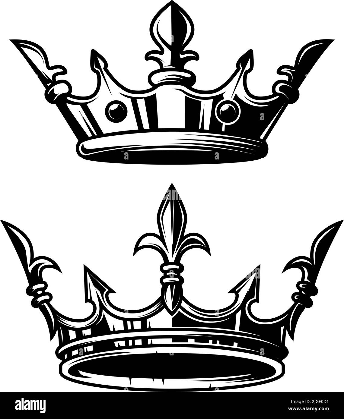 Illustration of king crown in monochrome style. Design element for logo