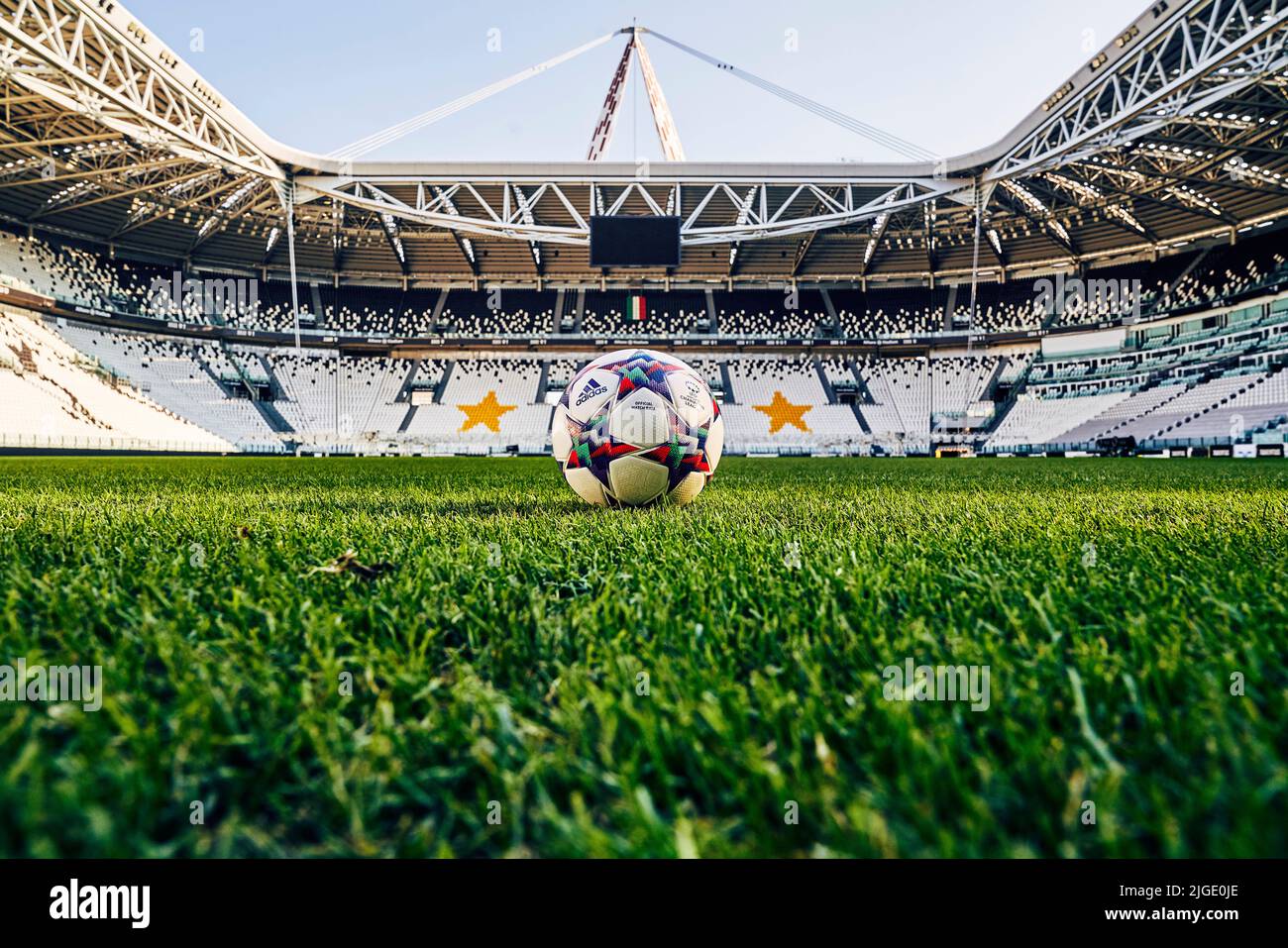 official match ball by Adidas for the knockout stage and final of the UEFA Women’s Champions League 2022 in Juventus Stadium of Turin, Italy.  The first time that an Official Match Ball has been created specifically for the UWCL. Its design is inspired by the mighty peaks of the Piedmont region, commemorating the alps which Turin sits at the foot of Stock Photo