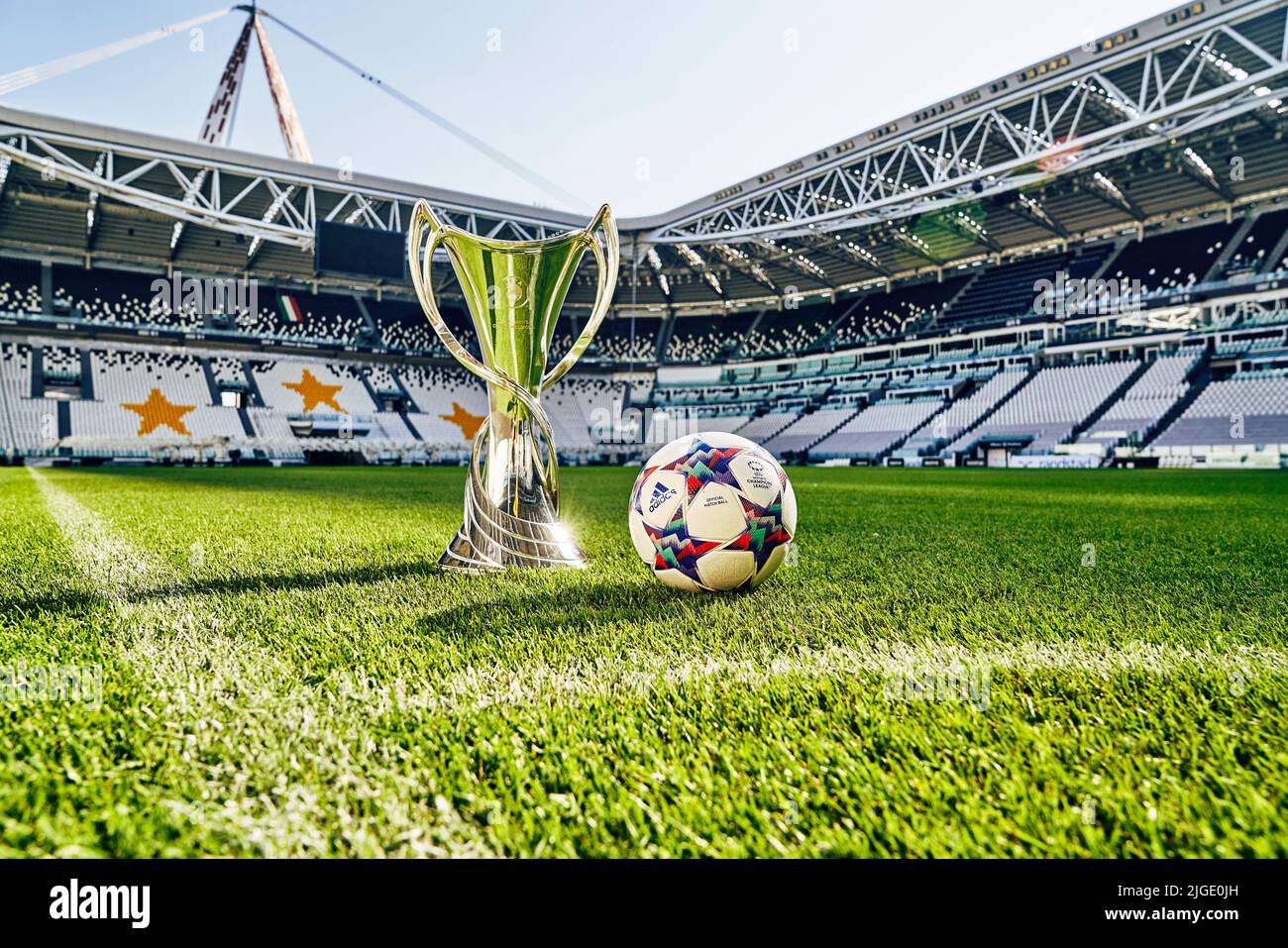Winner’s trophy and official match ball by Adidas for the knockout stage and final of the UEFA Women’s Champions League 2022 in Juventus Stadium of Turin, Italy.  The first time that an Official Match Ball has been created specifically for the UWCL. Its design is inspired by the mighty peaks of the Piedmont region, commemorating the alps which Turin sits at the foot of Stock Photo