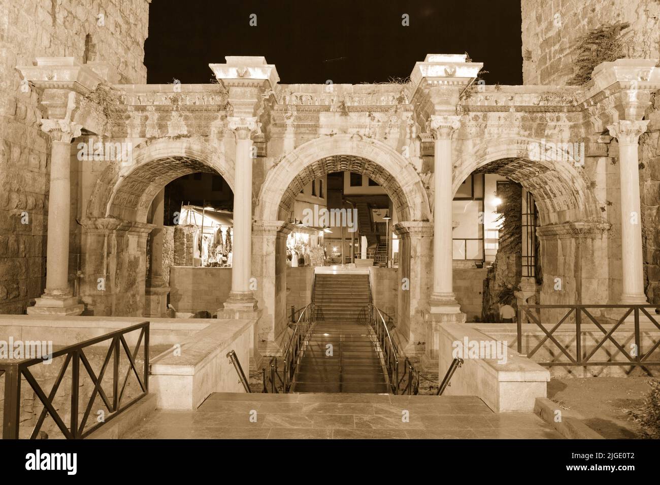 Night view to Hadrian Gate in Antalya, Turkey on October 12, 2010. Gate was built to commemorate a visit by the emperor Hadrian in 130 CE Stock Photo