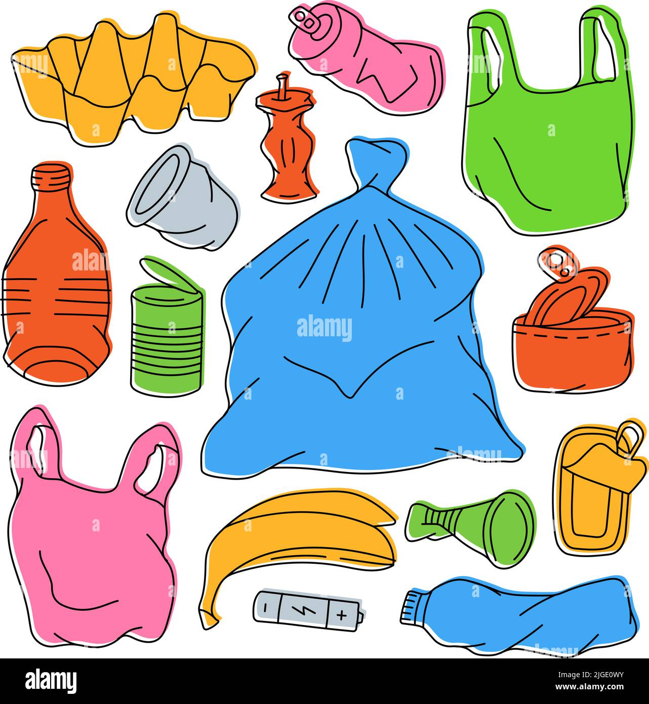 Garbage types set. Plastic, glass, metal, paper, organic waste illustration. Problem globe pollution concept. Unsorted garbage set Stock Vector