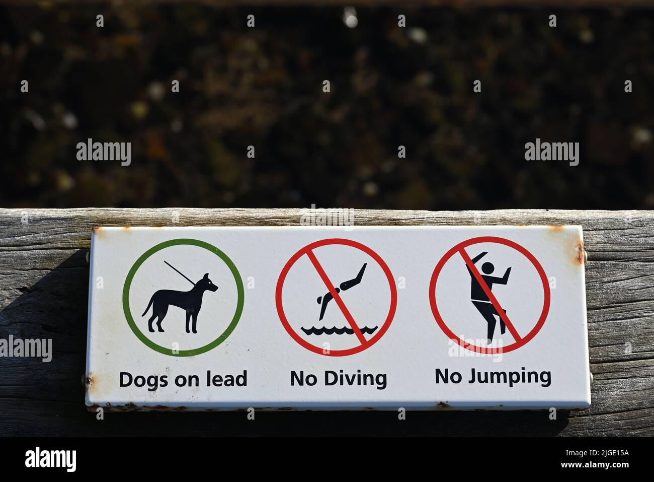 Corroding white sign on a pier informing people that dogs must be on a lead, and that no jumping or diving into the water is permitted Stock Photo