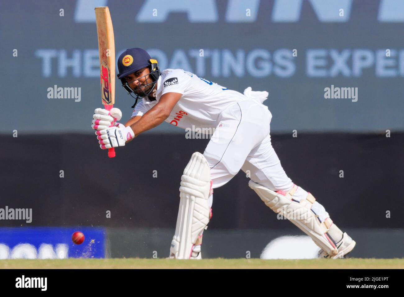 Galle, Sri Lanka. 10th July 2022. Dinesh Chandimal of Sri Lanka plays a shot during the 3rd day of the 2nd test cricket match between Sri Lanka vs Australia at the Galle International Cricket Stadium in Galle on 10th July, 2022. Viraj Kothalwala/Alamy Live News Stock Photo