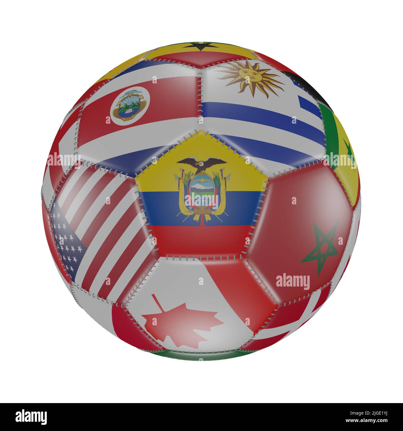 Ecuador flag among other world flags on 3D soccer ball. Isolated on white. Qatar 2022. Render Stock Photo