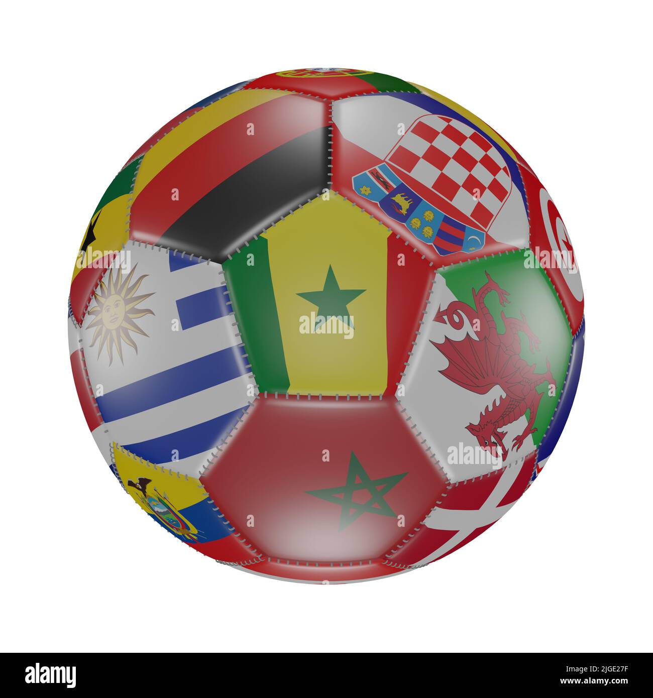 Senegal flag among other world flags on 3D soccer ball. Isolated on white. Qatar 2022. Render Stock Photo
