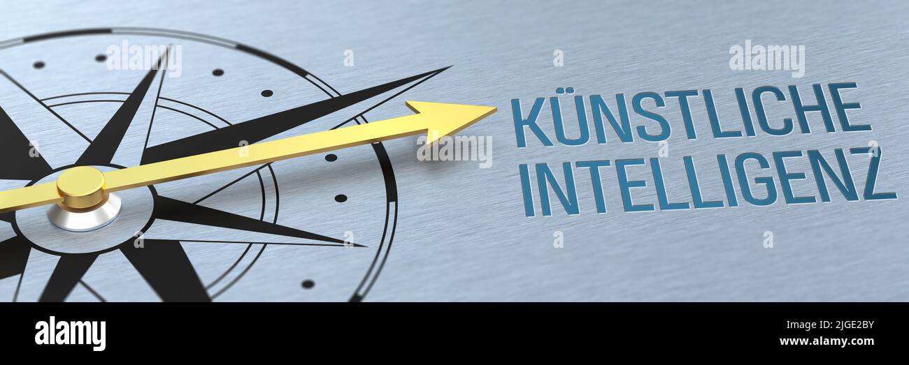 Compass needle pointing to the words Artificial Intelligence in german - Künstliche Intelligenz - 3d rendering Stock Photo