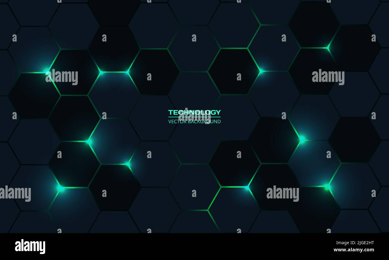 Dark hexagonal technology vector abstract background. Green bright ...