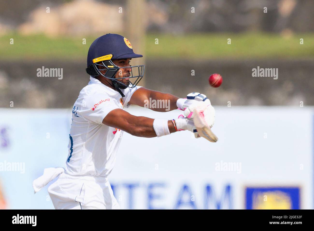 Galle, Sri Lanka. 10th July 2022. Dinesh Chandimal of Sri Lanka plays a shot during the 3rd day of the 2nd test cricket match between Sri Lanka vs Australia at the Galle International Cricket Stadium in Galle on 10th July, 2022. Viraj Kothalwala/Alamy Live News Stock Photo