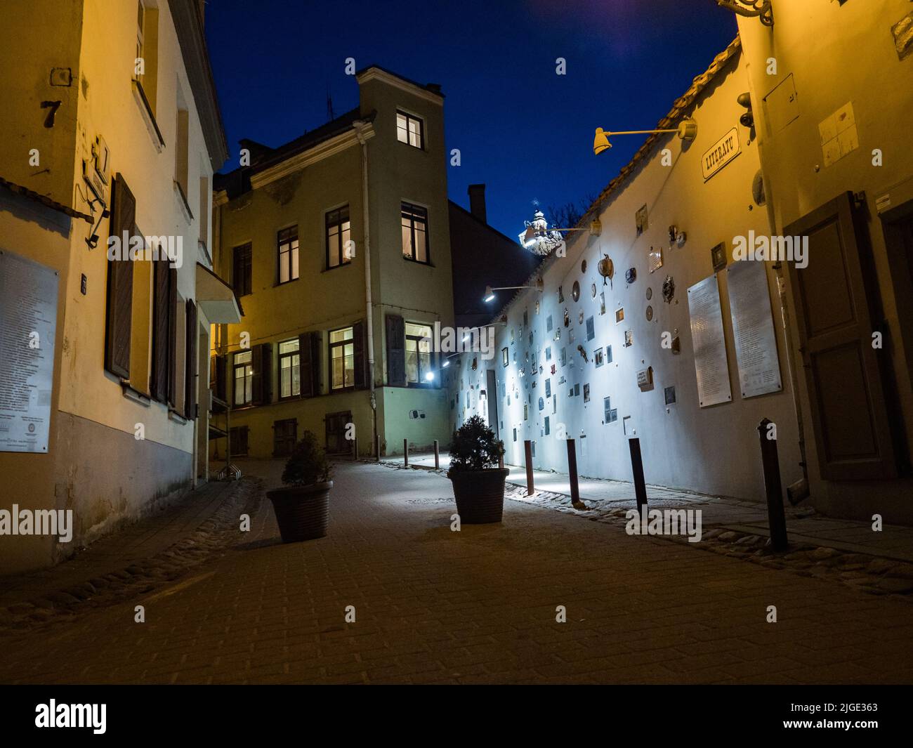 Vilnius, Lithuania - Apr, 2018:  The wall with dedications to writers, poets, translators on Literatu Street - oldest street in the Old Town (Literatų Stock Photo