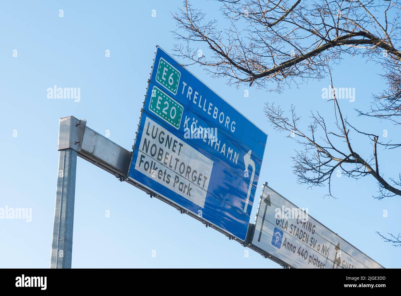 A road sign in Malmo Sweden to Trelleborg and Copenh Stock Photo