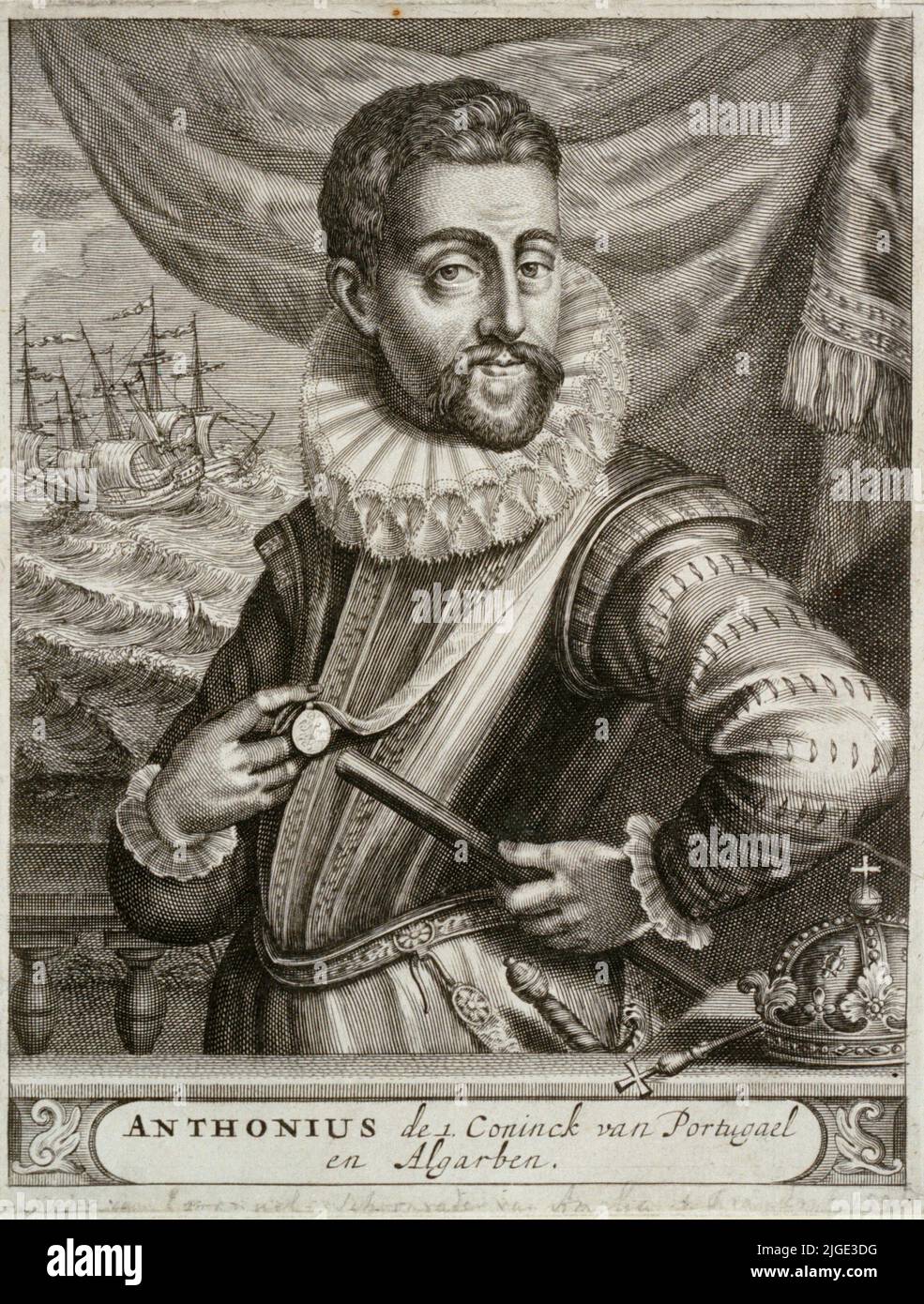 Portrait of Anthony I, King of Portugal and the Algarves wearing the medal of the Order of Aviz. The regal crown can be seen on the right hand side of the image. Two ships in a stormy sea are in the backgound.. Antonio was the illegitimate son of Prince Louis, Duke of Beja (1506?1555). After the death of the old Cardinal-King Henry, the throne was disputed by several claimants including Philip II of Spain. Antonio, relying on the popular hostility to a Spanish ruler, presented himself as an alternative candidate. He proclaimed himself King of Portugal in Santarem on 24 July 1580. However, he g Stock Photo