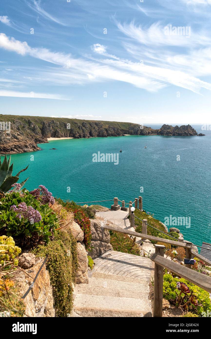 Porthcurno beach Looking out from Minack Theatre you will see Porthcurno beach below. Porthcurno is one of the nicest beaches in Cornwall. Stock Photo