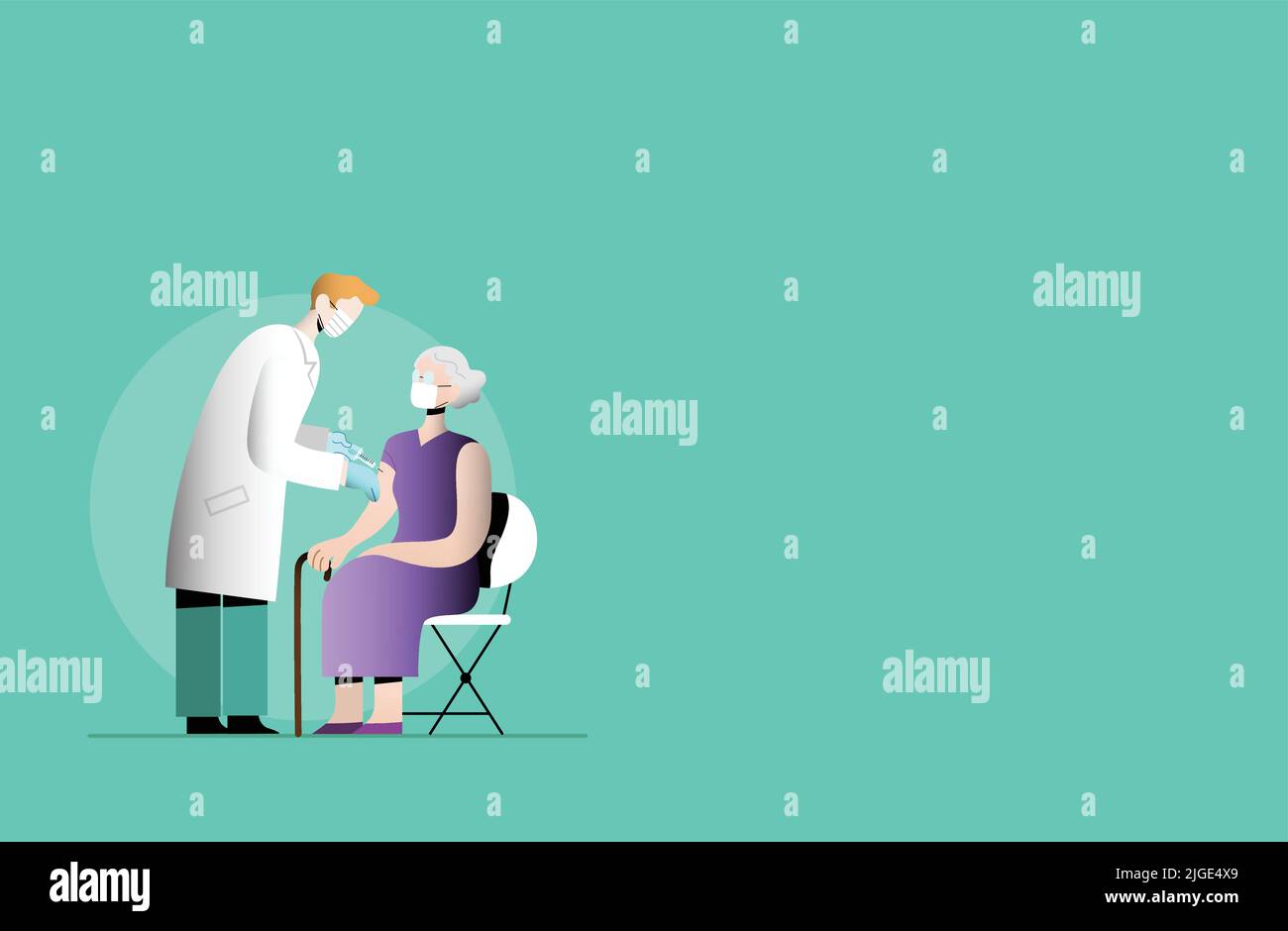 Man doctor holding a syringue vaccinating an senior lady. Two people wearing a face mask.Vaccination of the elderly. Stock Vector