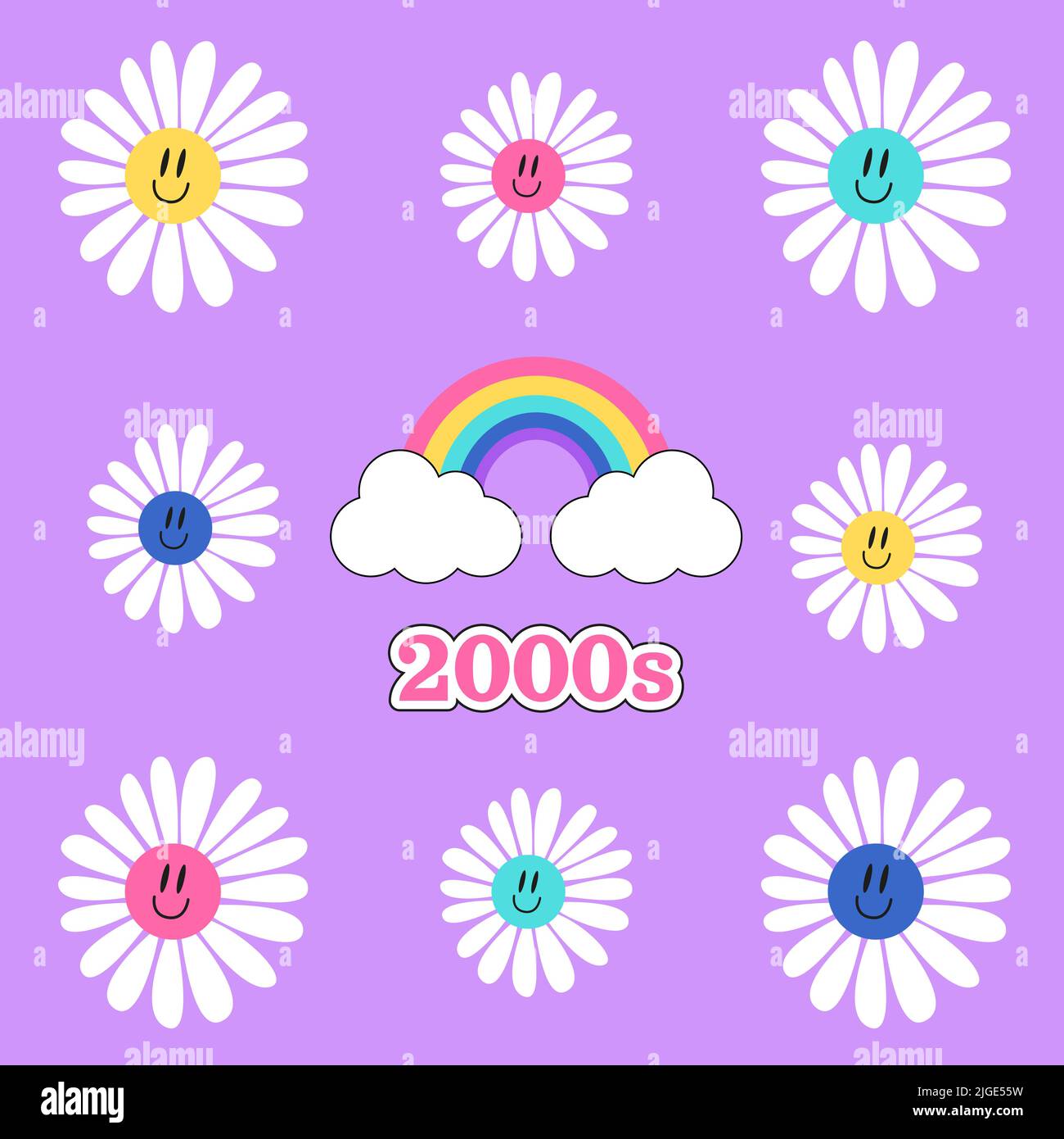Y2k groovy template. Trippy smiley daisies and colorful rainbow on purple background. 2000s vibes elements. Cartoon sticker, poster, postcard. Psyched Stock Vector