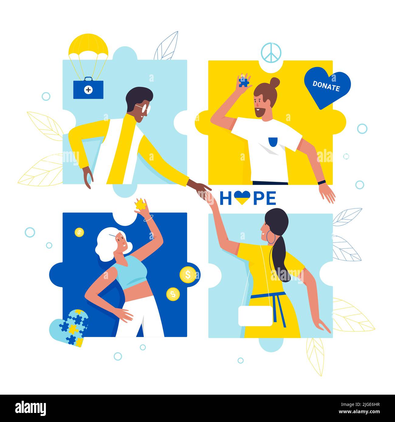 People share help, care and assistance for Ukraine. Cartoon volunteers ...