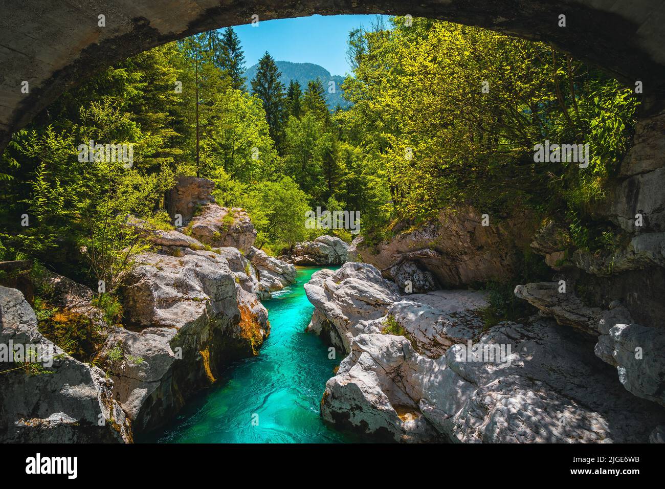 Admirable nature landscape with turquoise river. Famous Soca river with rocky gorge in the forest, Bovec, Slovenia, Europe Stock Photo