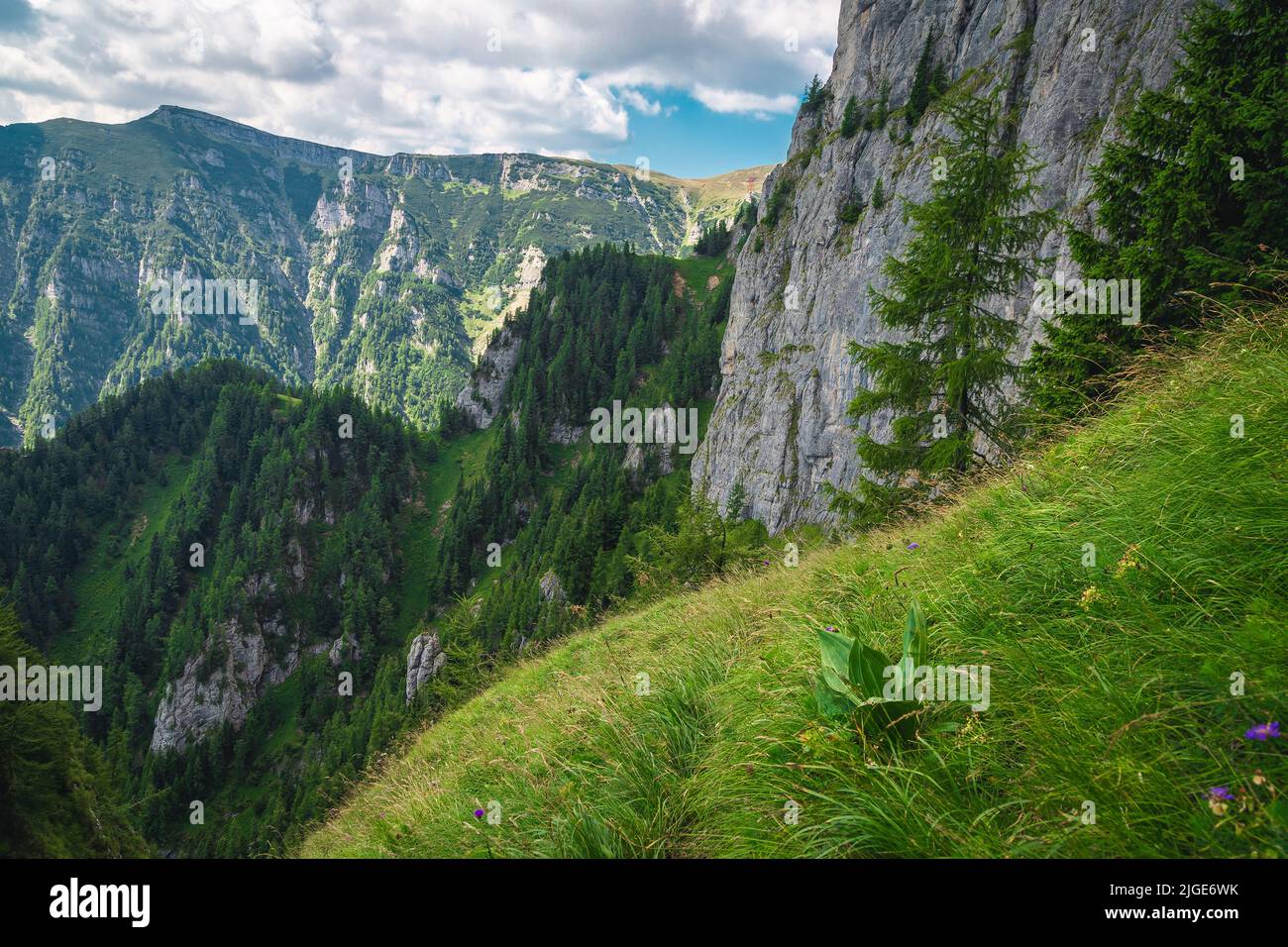 Famous hiking trail on the mountain slope in the Carpathians, Bucegi mountains, Romania, Europe Stock Photo