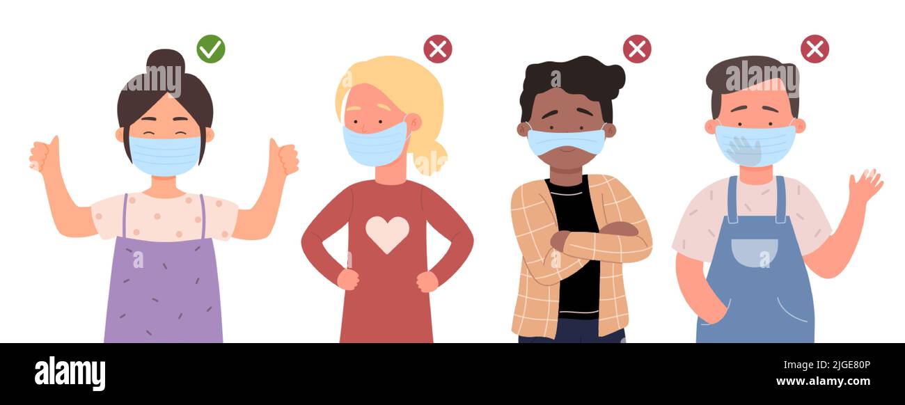 Kids wear protective face mask with right and wrong way set of medical ...