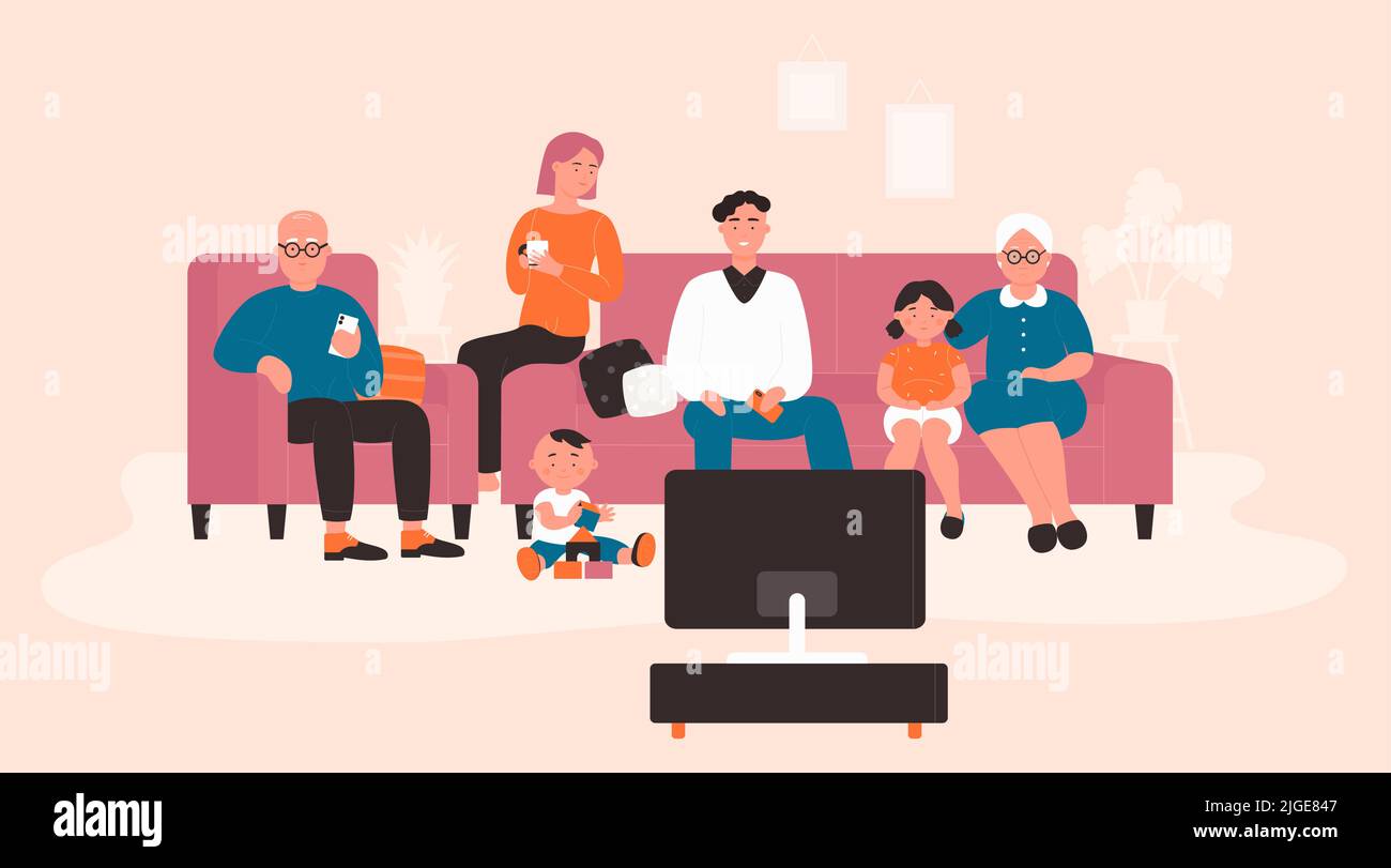 Happy big family watching TV or movie in home living room. Cartoon grandfather and grandmother, mother, father and kids enjoying film together on sofa flat vector illustration. Generation concept Stock Vector