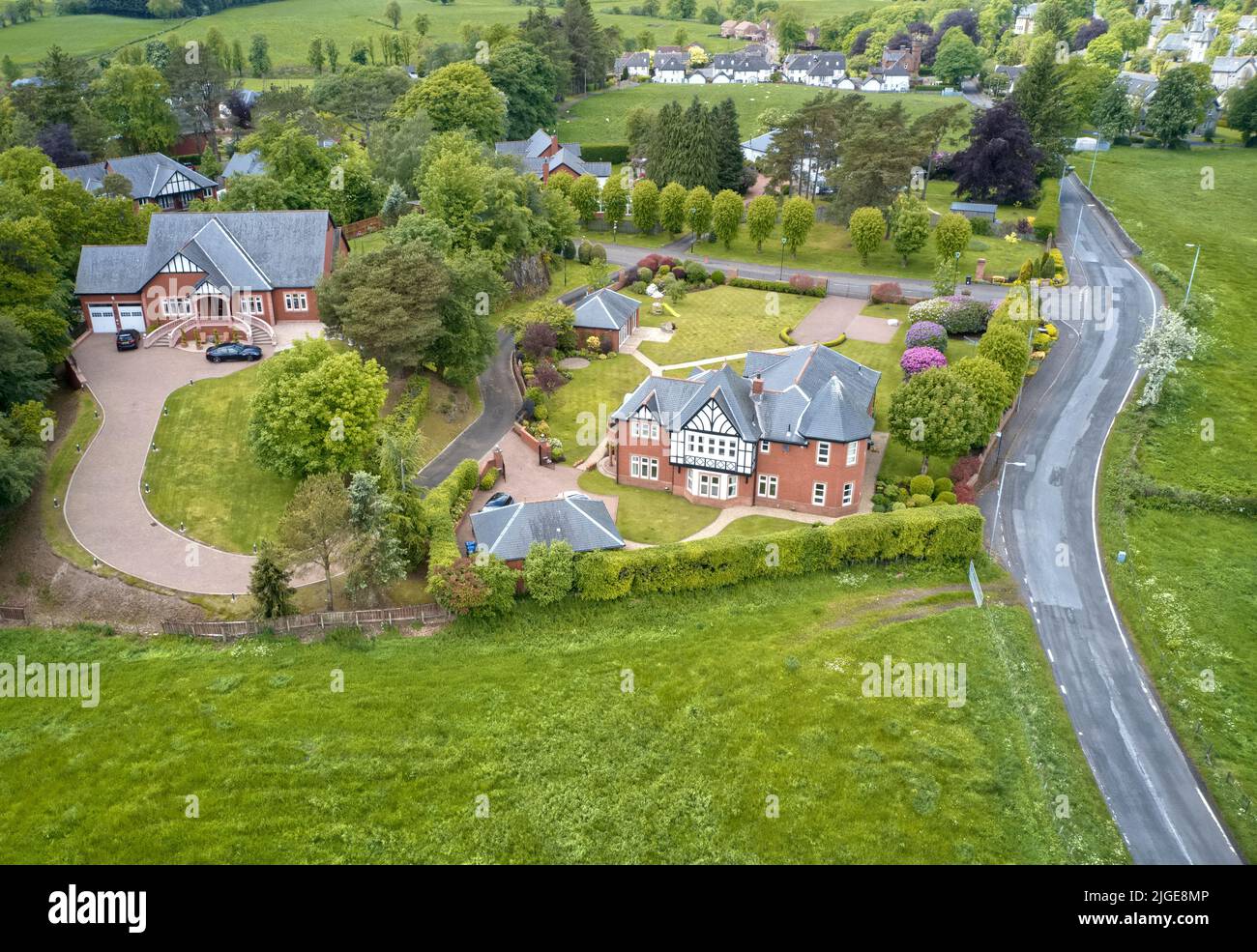 Luxury countryside rural village aerial view from above in Quarriers