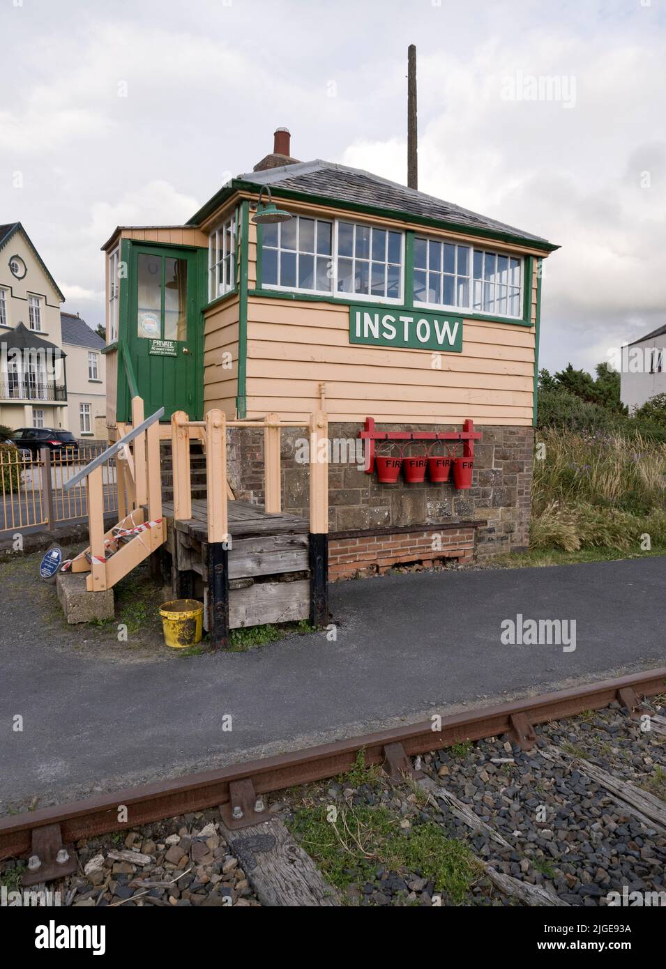 The old signal box at Instow, Devon, UK. The railway line is now part of the Tarka Trail cycling and walking route. Stock Photo
