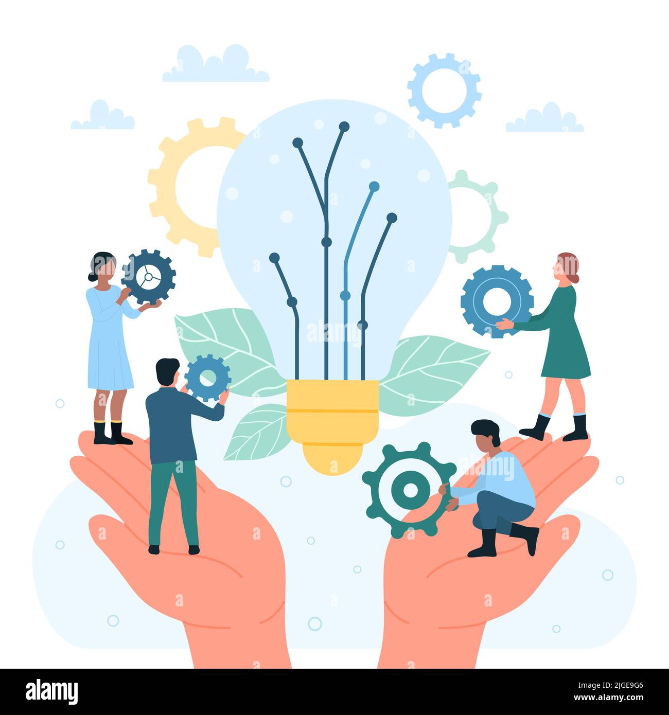 Support from leader for business team, innovation, idea development and  introduction vector illustration. Cartoon big hands holding tiny people,  gears and light bulb. Leadership, project concept Stock Vector Image & Art -