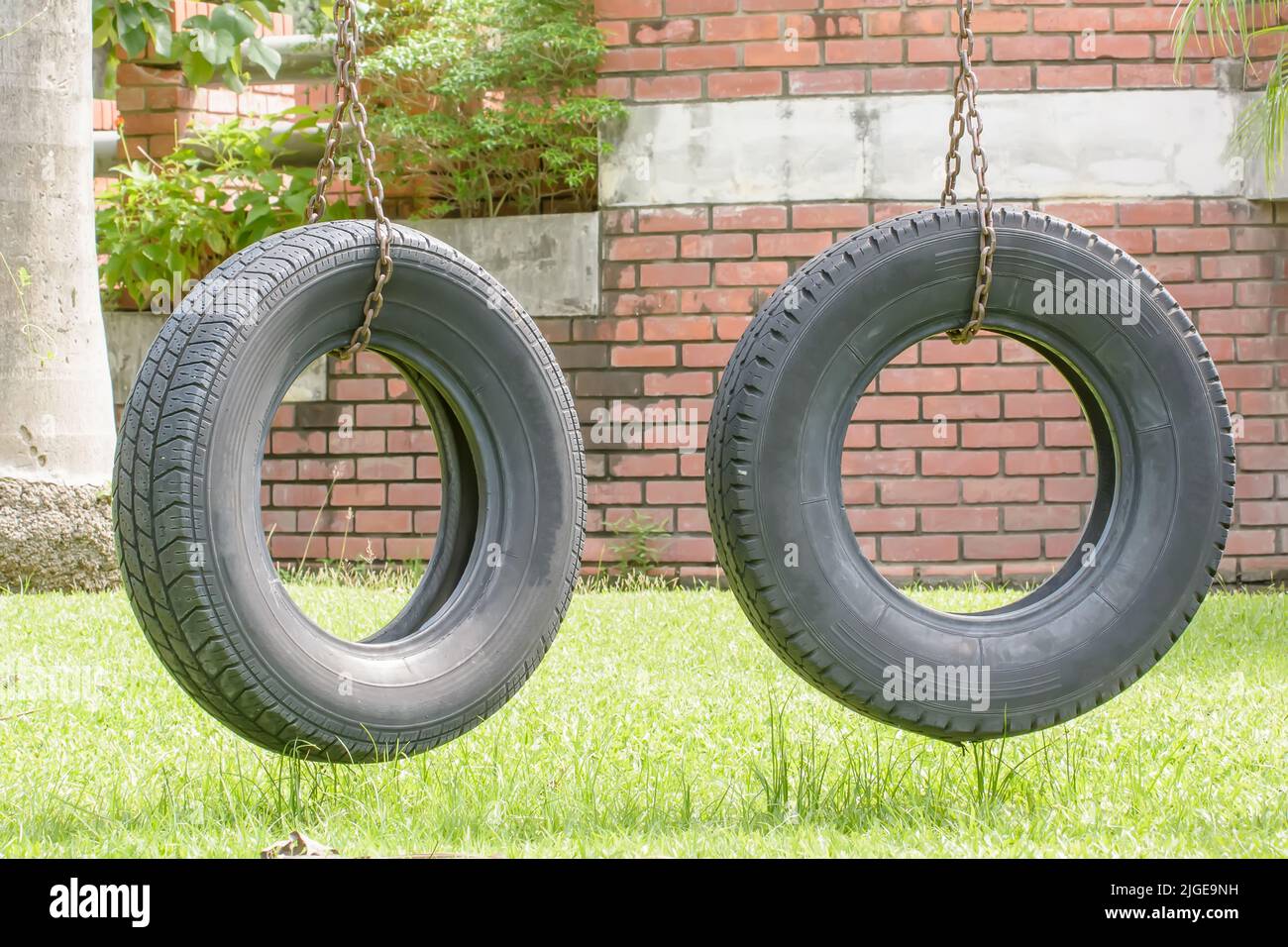 A selective of old tires modify the swing in the garden Stock Photo