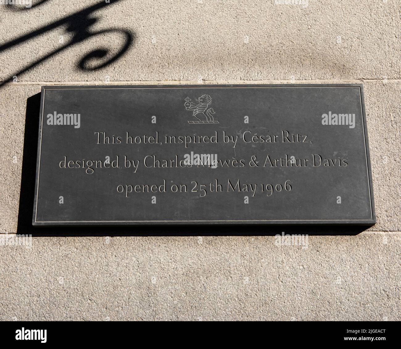 London, UK - August 12th 2021: A plaque on the exterior of the famous Ritz Hotel on Picadilly in London, UK. Stock Photo