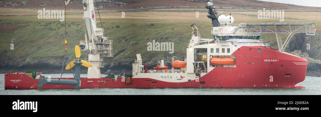 Experimental tidal energy turbine deployed in Ramsey Sound in West Wales in 2016 by dynamic positioning vessel Siem Daya 1. Stock Photo