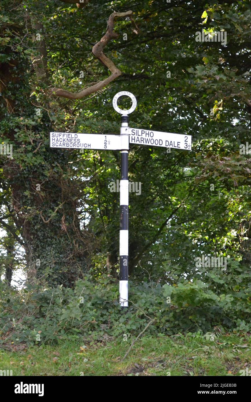 Old Road Sign - Yorks North Riding - 60's Black And White Road Sign - Vintage Road Sign On North York Moors - Yorkshire - UK Stock Photo