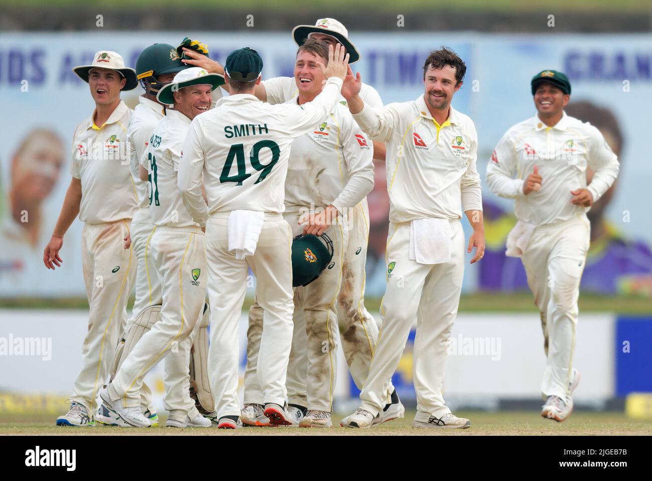 Galle, Sri Lanka. 10th July 2022. Australian players celebrate after taking a wicket during the 3rd day of the 2nd test cricket match between Sri Lanka vs Australia at the Galle International Cricket Stadium in Galle on 10th July, 2022. Viraj Kothalwala/Alamy Live News Stock Photo