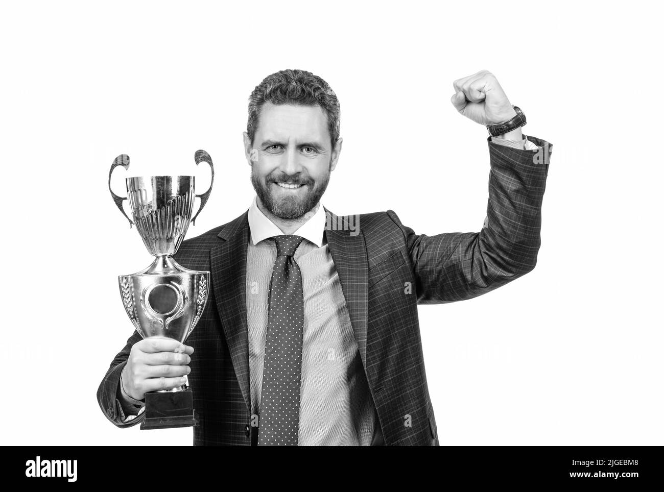 Award is created to celebrate. Happy director hold golden cup. Business achievement award Stock Photo