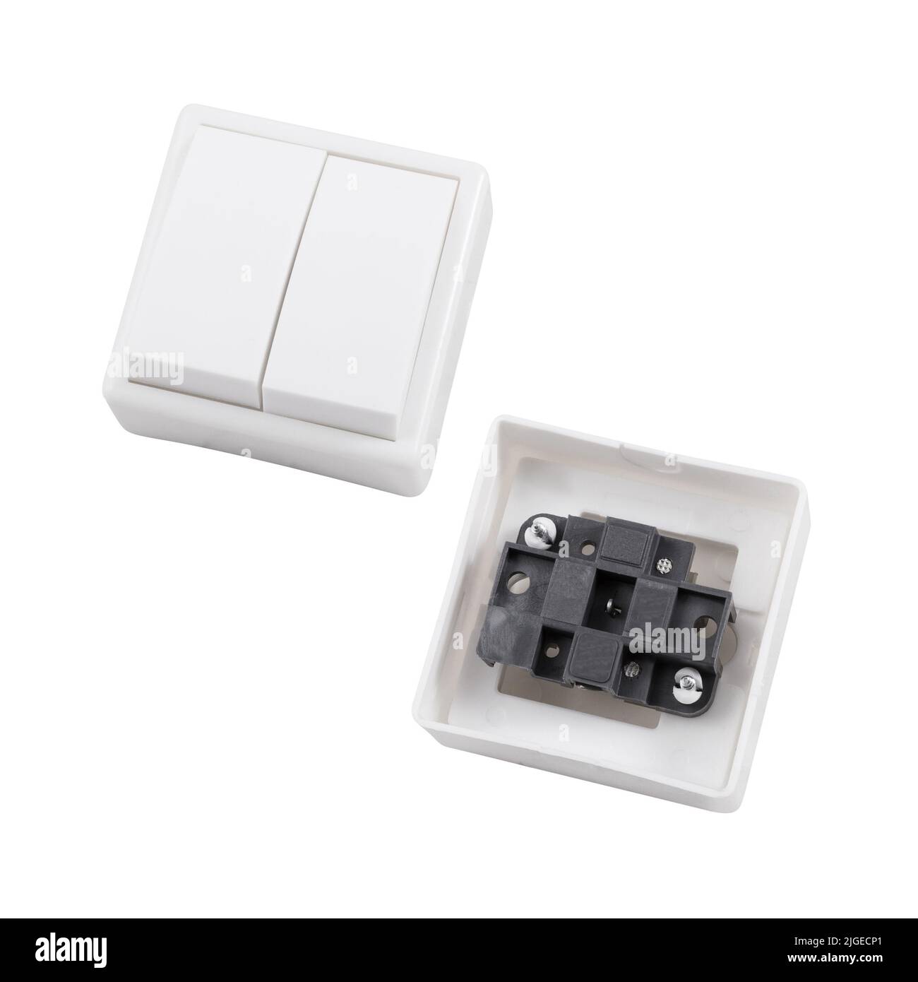 Built-in light switch with 2 keys isolated on a white background. Photograph of the switch front and back. Stock Photo