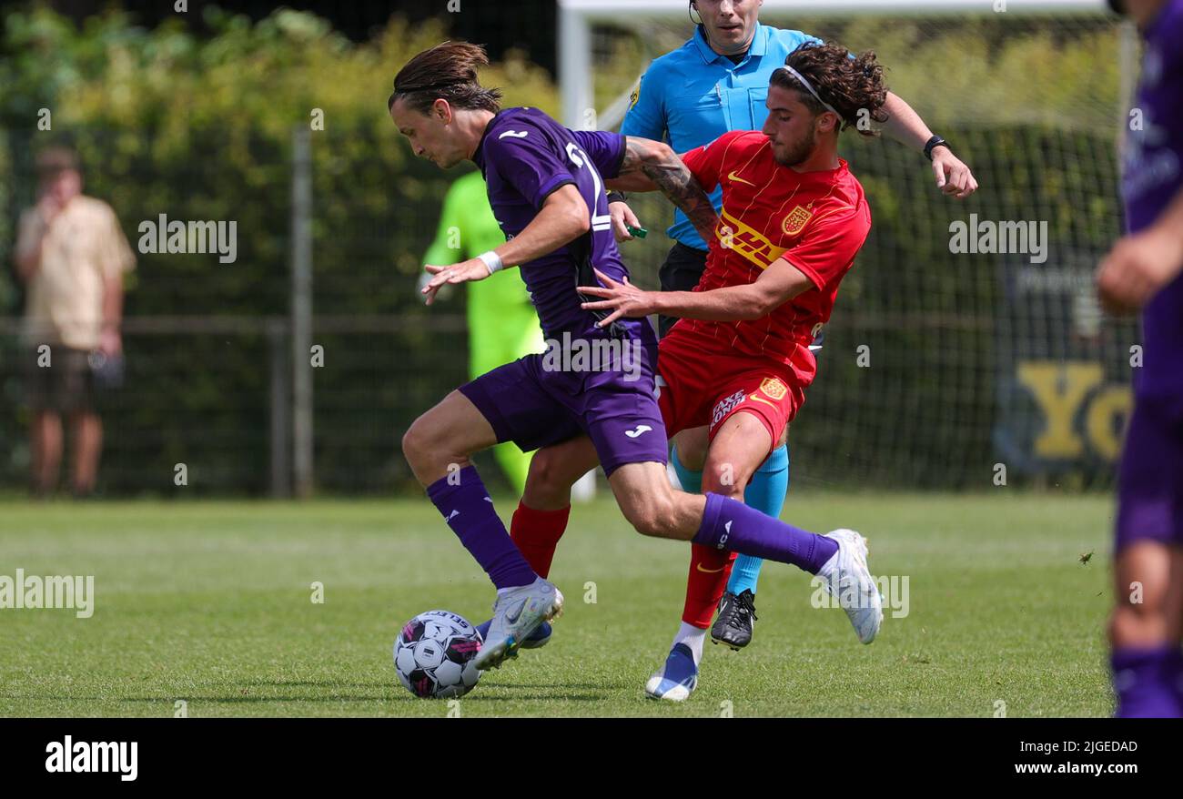 Anderlecht's Kristoffer Olsson and Club's Noa Lang fight for the ball  during a soccer match between RSC Anderlecht and Club Brugge KV, Sunday 03  Octob Stock Photo - Alamy