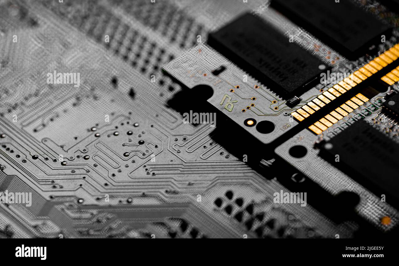 Macro Close up of computer RAM chip; random access memory chip slot for