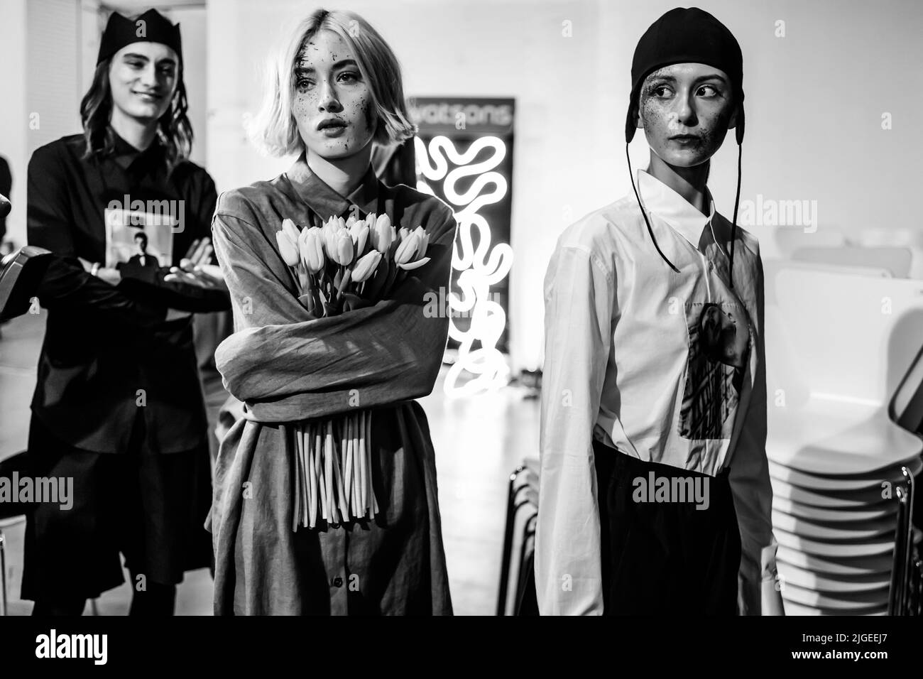 KYIV, UKRAINE - FEBRUARY 03, 2022: Models Backstage VIKTORANISIMOV show - Ukrainian Fashion Week Fall Winter 2022-2023 Stock Photo