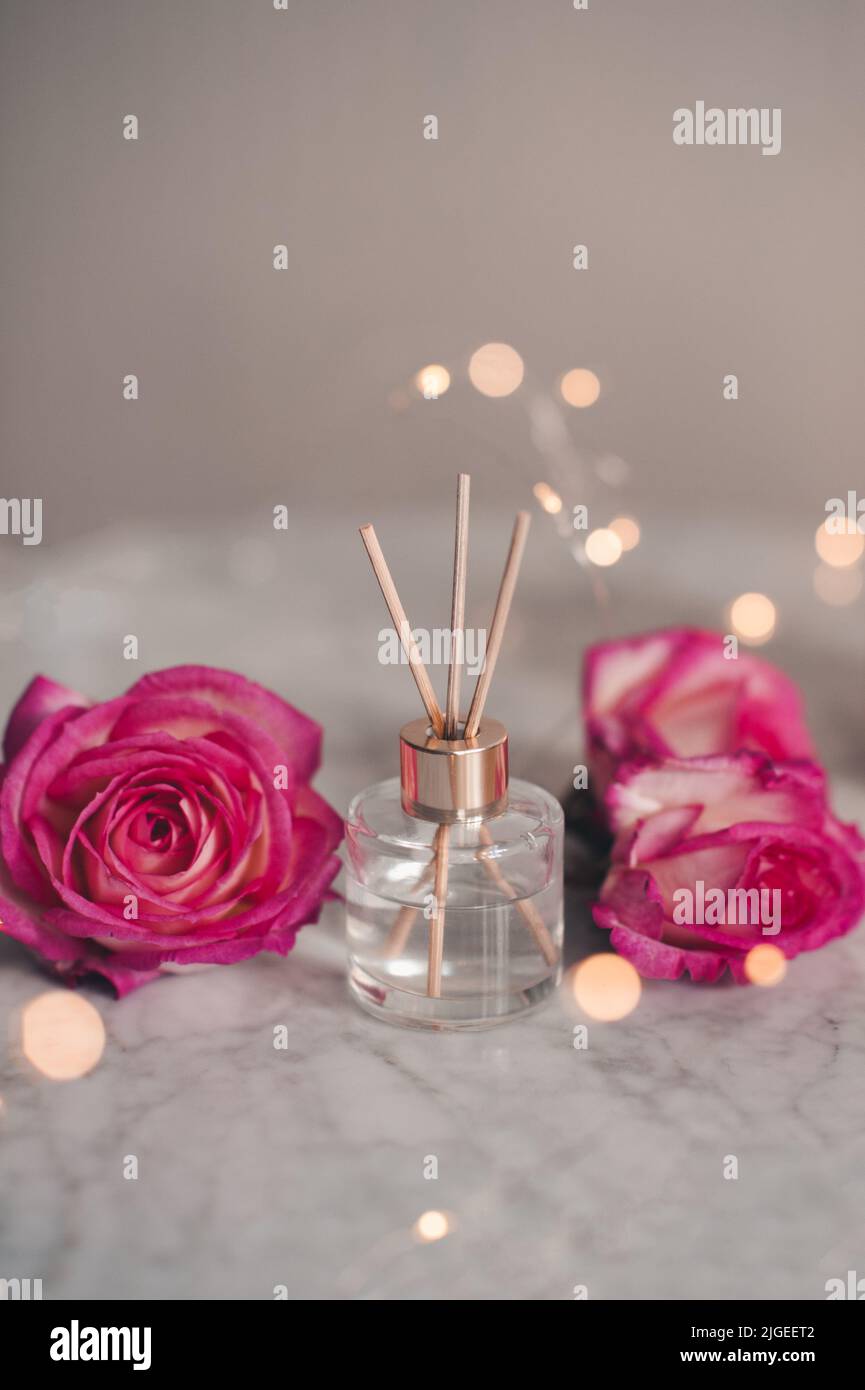 Liquid scented home fragrance in glass bottle and fresh rose flowers over burning candle and glow lights in room. Cozy atmosphere. Stock Photo