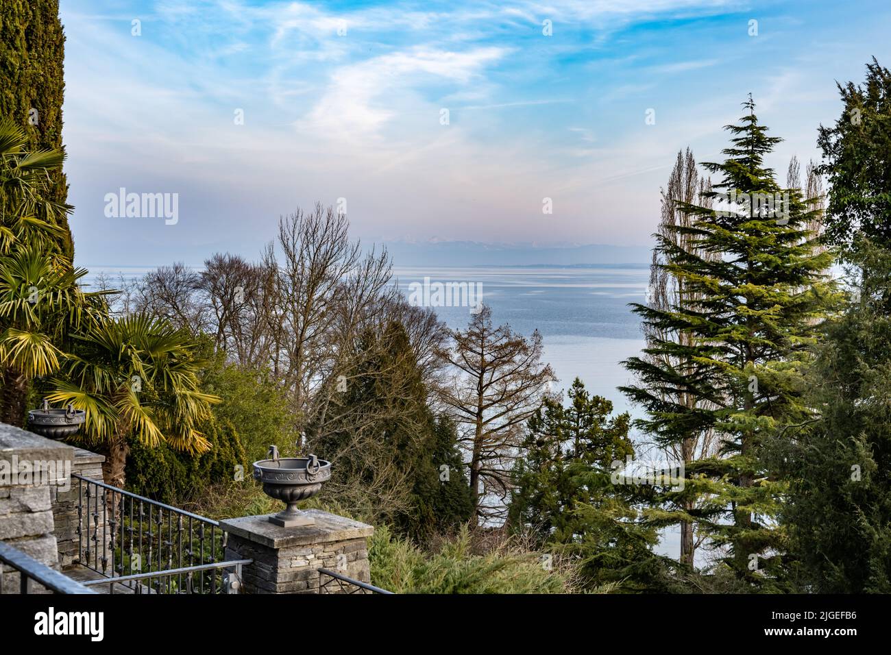 View on lake Constance and Meersburg from Mainau island. Stock Photo