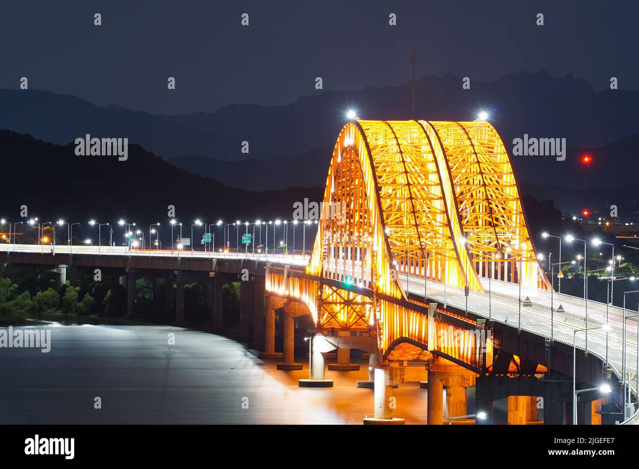 Night View of Banghwa Bridge in Seoul, Korea Stock Photo