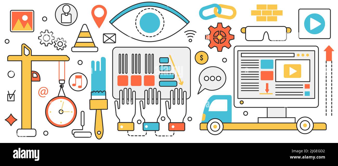 App software development. Abstract process with construction crane ...