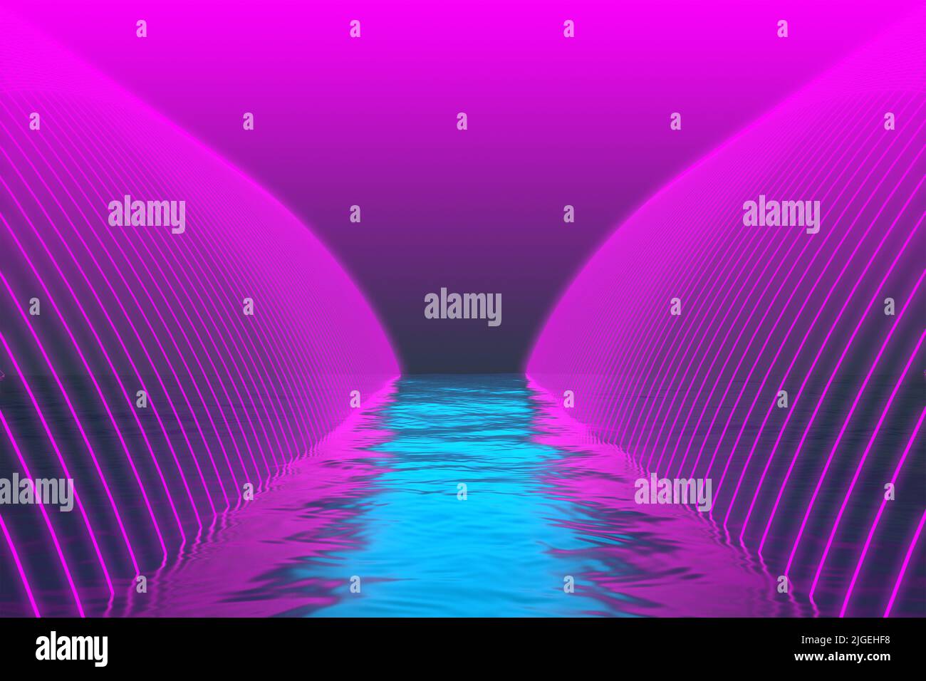 corridor of purple curve neon lines over the water. 3d rendering Stock ...