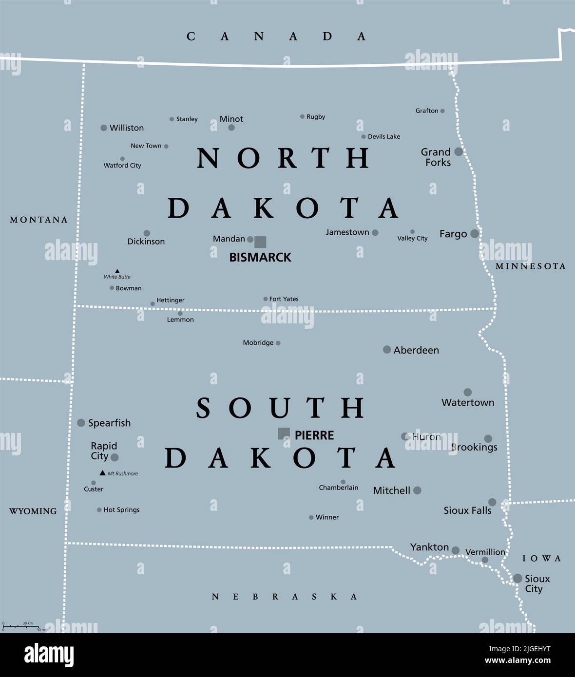 The Dakotas, gray political map. Collective term for the US states of North Dakota and South Dakota, in the Upper Midwest and North Central. Stock Photo