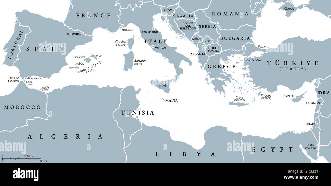 The Mediterranean Sea, gray political map with international borders, countries and islands. Stock Photo