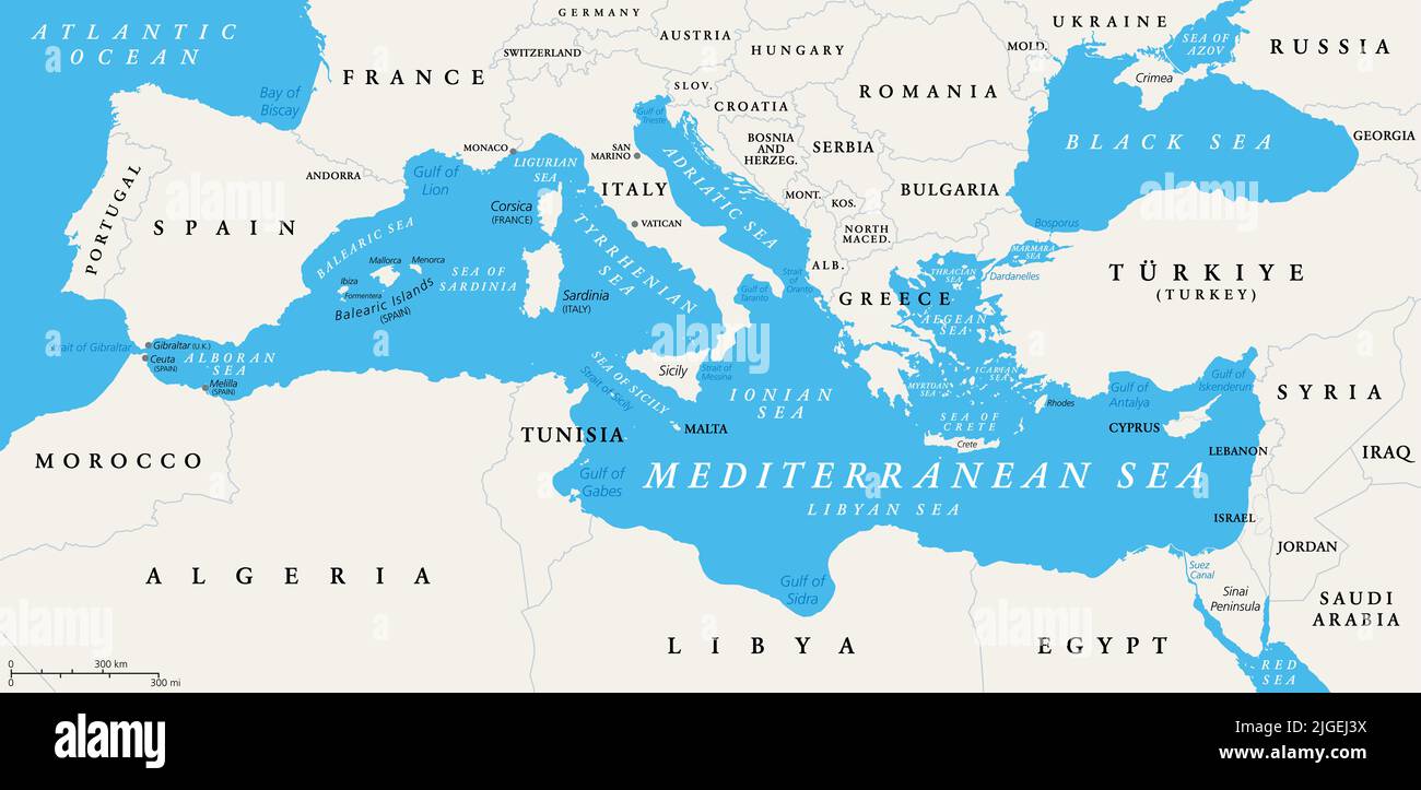 The Mediterranean Sea subdivisions, political map with straits, countries and the Black Sea. Stock Photo