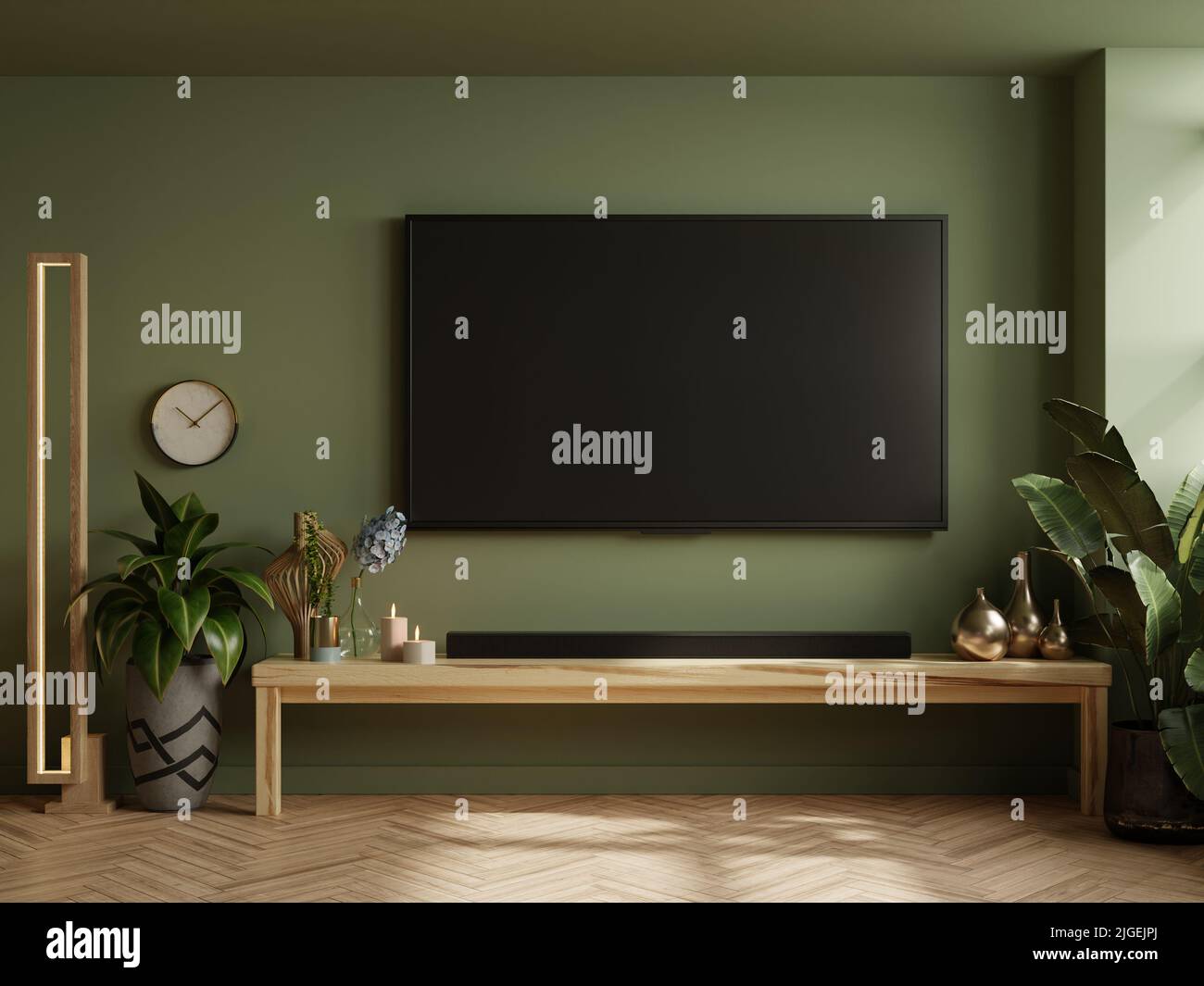 TV room in green wall background,Modern living room decor with a tv ...
