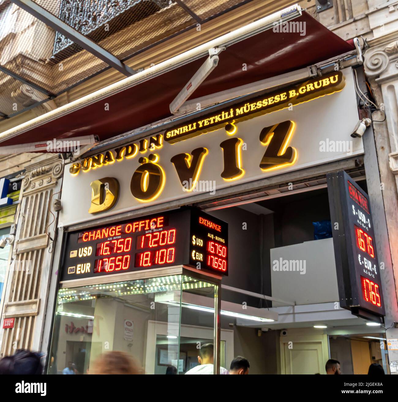 Doviz currency exchange stand with currency rates display in Beyouglu, Istanbul, Turkey Stock Photo