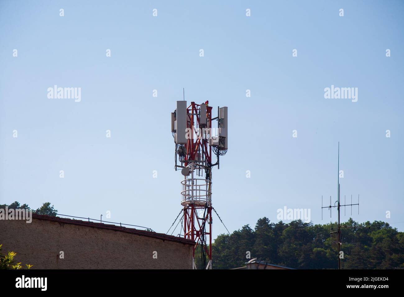 Telecommunication tower with 5G cellular network antenna Stock Photo