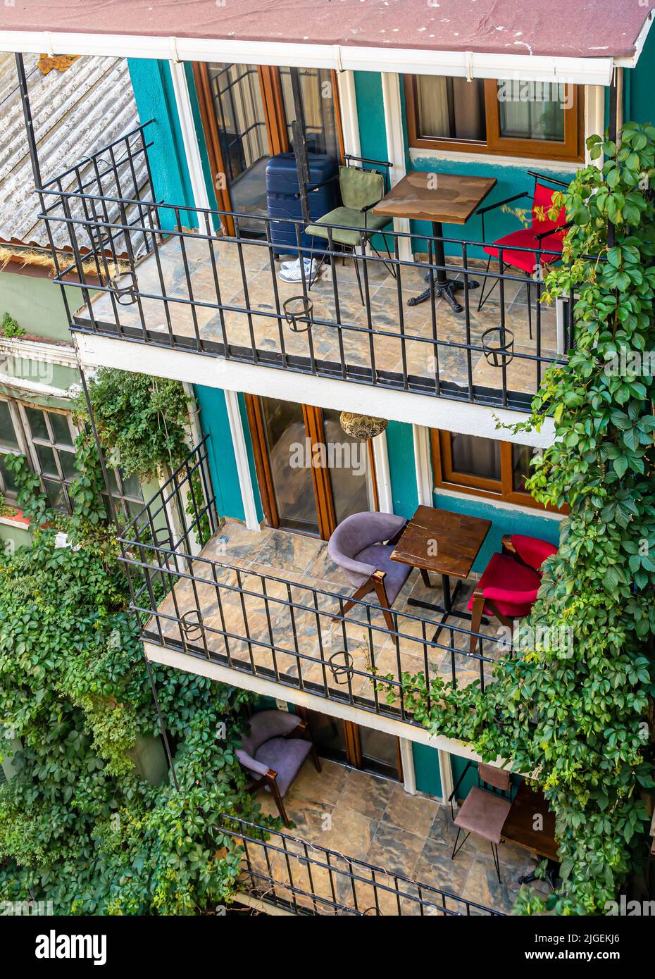 Balconies with chairs and tables, a residentual house in Istanbul