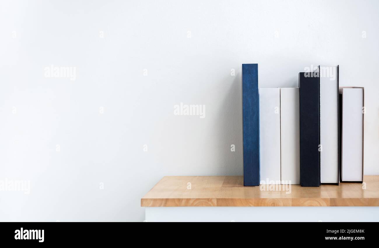 Mockup of white and blue blank book spines on wooden shelf on white background with copy space. Row of books with empty space book names cover, minima Stock Photo