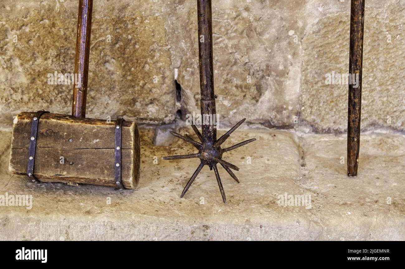 Detail of old instruments of torture of the inquisition, pain and religion Stock Photo